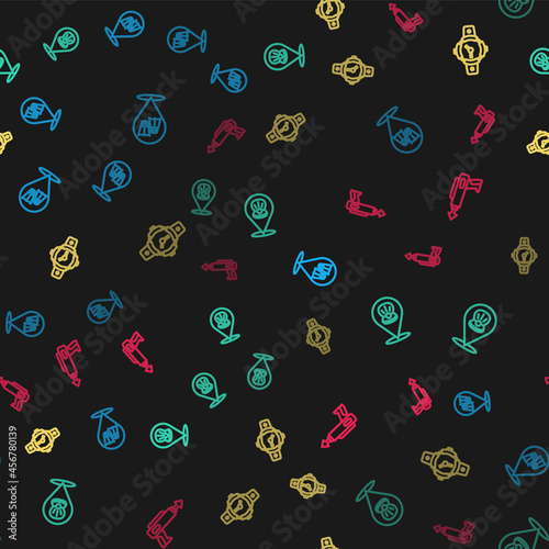 Set line Flippers for swimming, Scallop sea shell, Diving watch and Fishing harpoon on seamless pattern. Vector