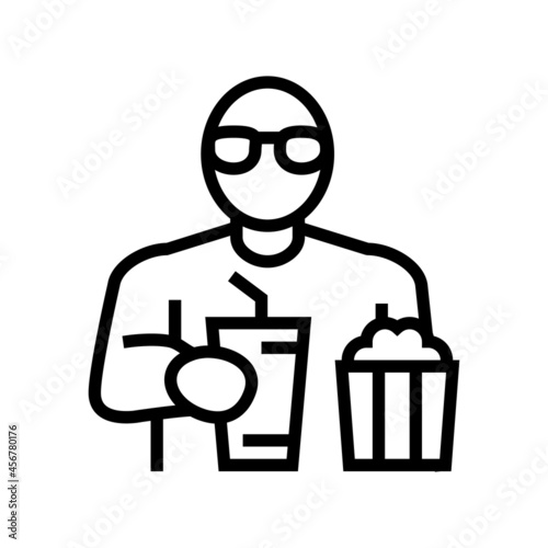 spectator watching movie and eating popcorn in cinema line icon vector. spectator watching movie and eating popcorn in cinema sign. isolated contour symbol black illustration