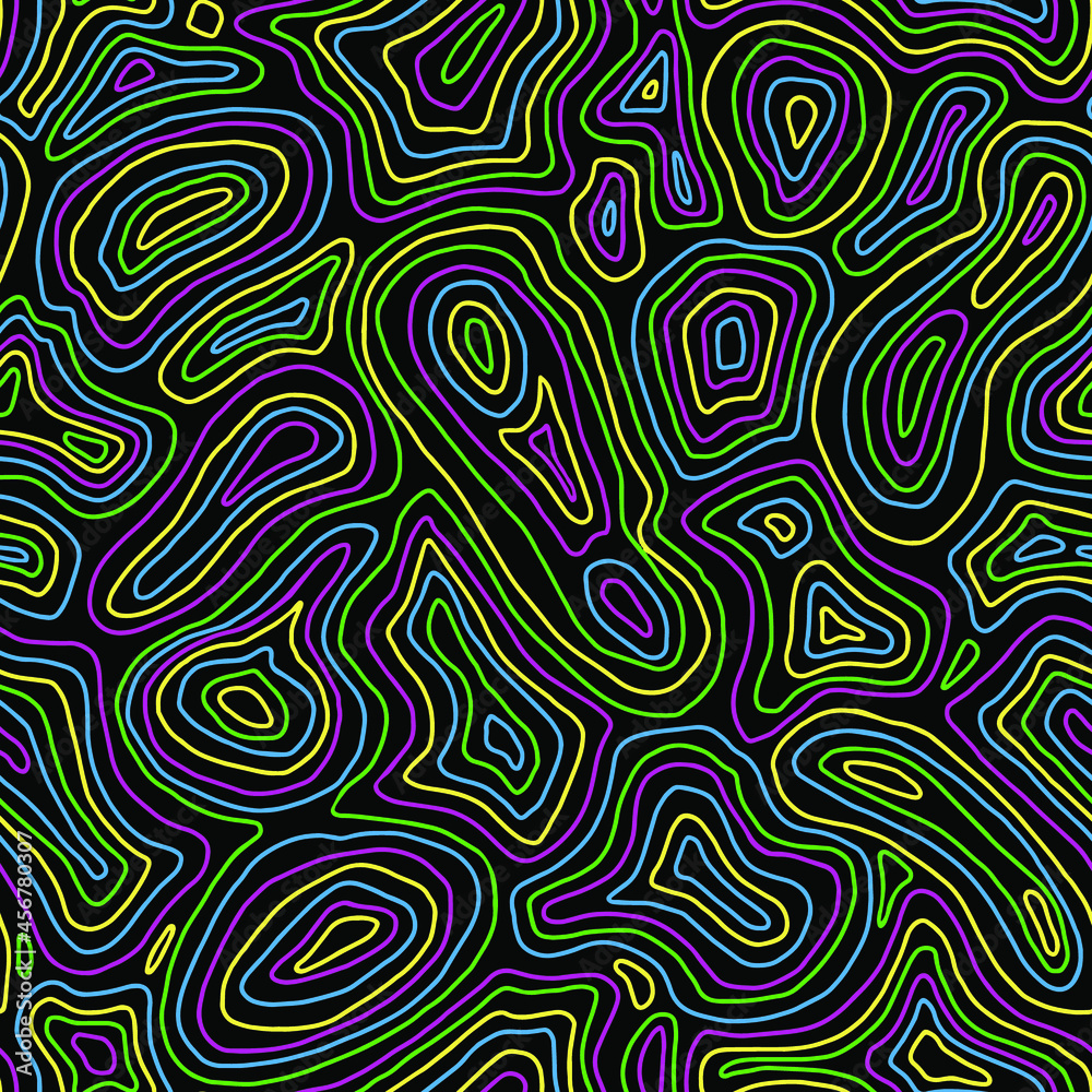 Seamless multicolored waves geometric psychedelic pattern on a black background vector