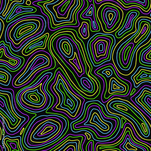 Seamless multicolored waves geometric psychedelic pattern on a black background vector