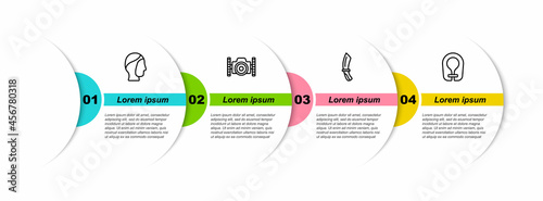 Set line Diving hood, Photo camera for diver, knife and Life jacket. Business infographic template. Vector