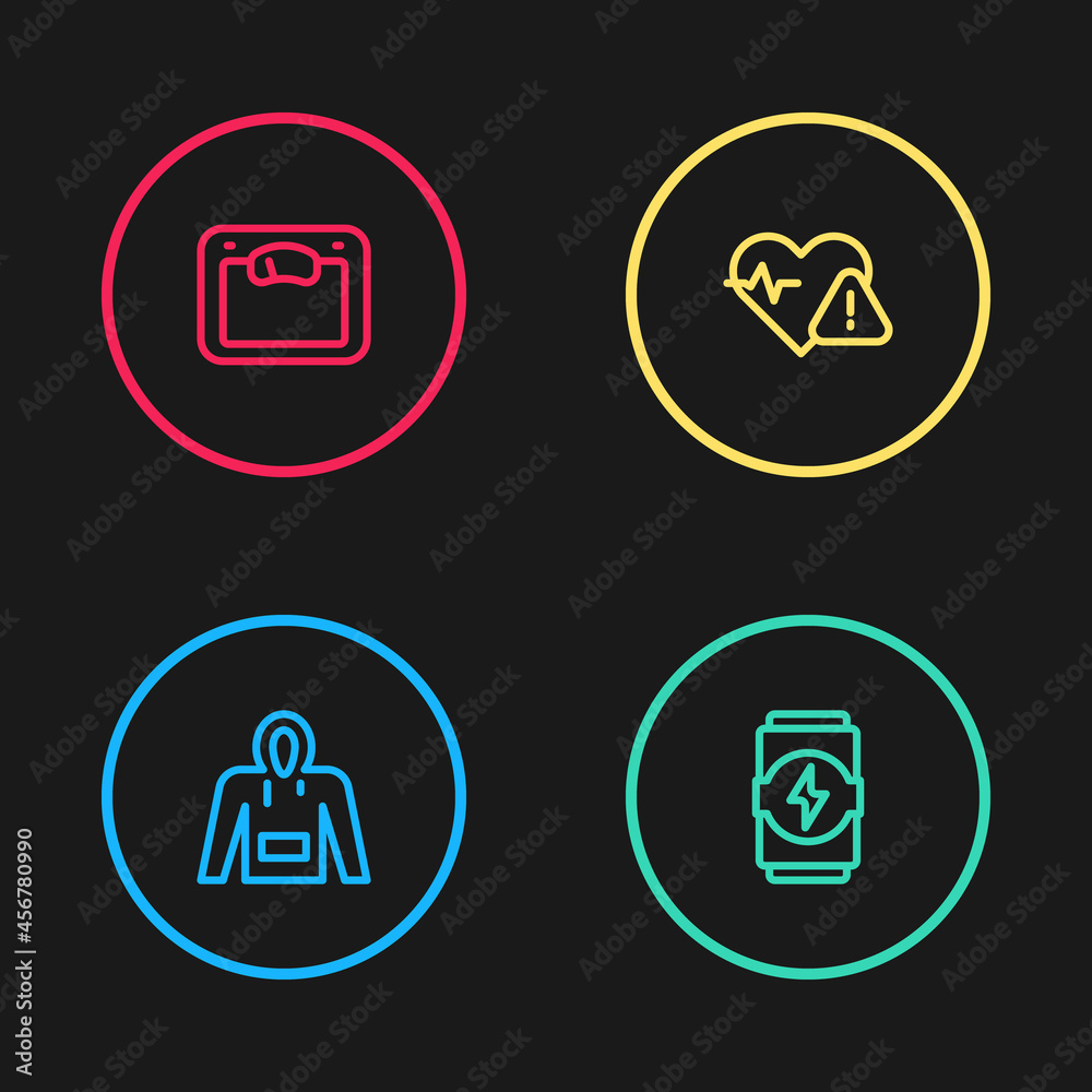 Set line Hoodie, Energy drink, Heart rate and Bathroom scales icon. Vector Set line Hoodie, Energy drink, Heart rate and Bathroom scales icon. Vector