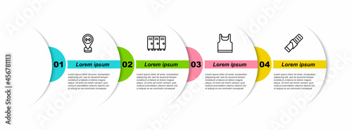 Set line Location gym, Locker or changing room, Sleeveless t-shirt and Protein sport bar. Business infographic template. Vector