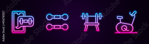 Set line Fitness app, Dumbbell, Bench with barbell and Stationary bicycle. Glowing neon icon. Vector