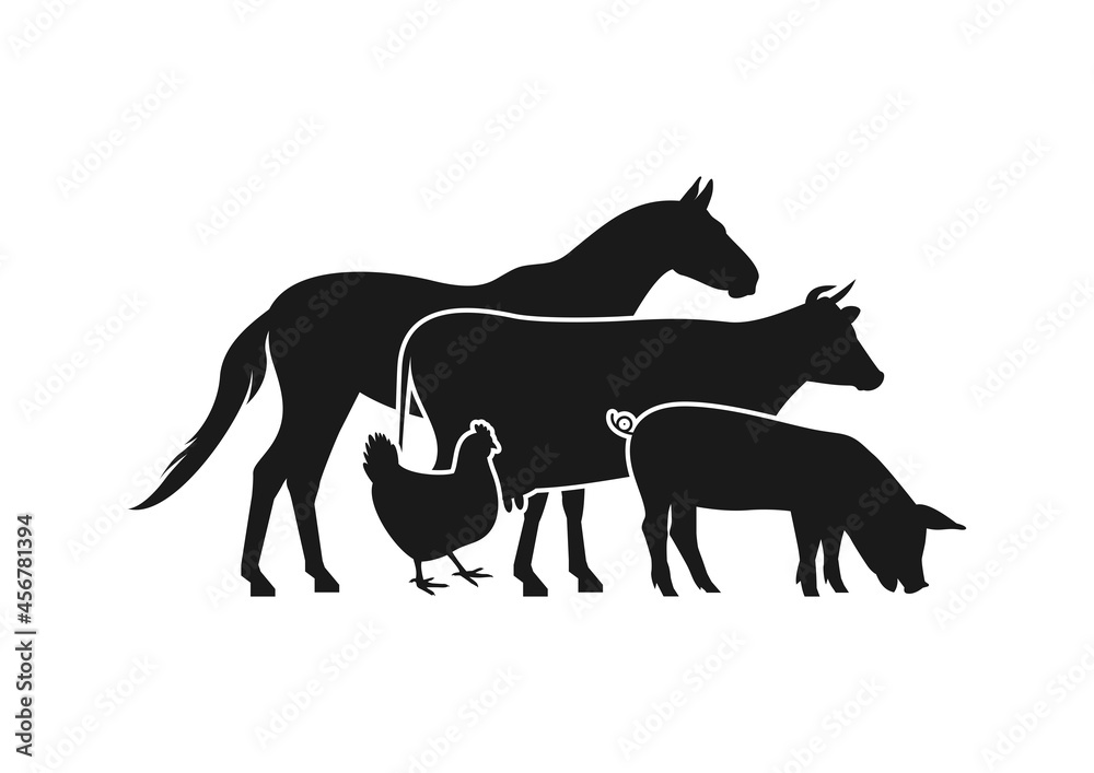 Farm animals silhouettes. Horse, cow, pig, chicken vector silhouettes