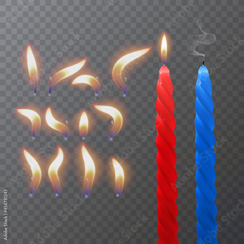 Realistic paraffin or wax burning candle and different flame of a candle, closeup isolated on transparency background. Design template, Vector illustration