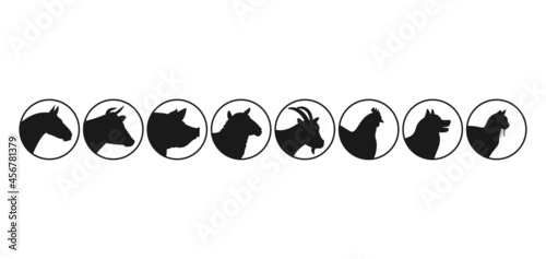 Farm animals silhouettes. Horse, cow, pig, goat, sheep, cat, dog, chicken vector silhouettes