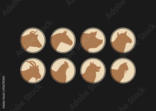 Farm animals silhouettes. Horse, cow, pig, goat, sheep, cat, dog, chicken vector silhouettes