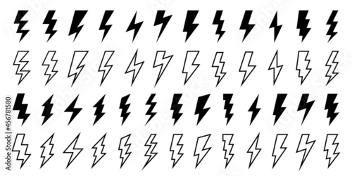 Lightning flat icons set. Outline and silhouette flash symbols. Lightning, high voltage or charge signs. Vector elements.