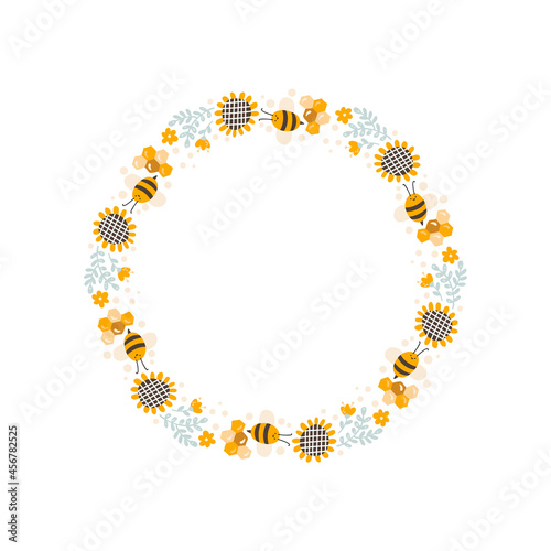 Cute kids honey wreath with sunflower and bee in flat frame vector scandinavian style. Baby illustation frame with place for text for content, greeting card, graphic