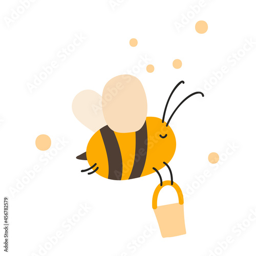 Cute fat little bee with bucket in doodle style. Logo scandinavian baby print in yellow and black colors. Print for coloring book, t shirt, cup, child clothes. cartoon honey insect