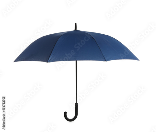 Stylish open blue umbrella isolated on white