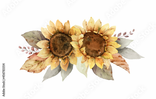 Watercolor vector autumn bouquet with sunflower, leaves and branches.