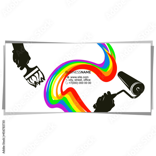 Roller brush in hand of painter and traces of paint, business card for painting