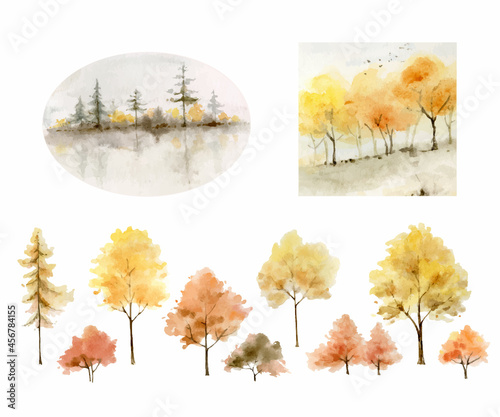 A watercolor vector set of autumn forest background and trees.