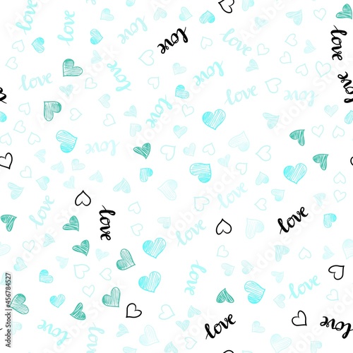 Light Green vector seamless cover with quote LOVE YOU, hearts.