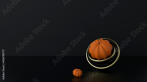 Halloween orange pumpkins on black background, minimal scene. Nice art design for party invitation or greeting card. 3D illustration, banner with copy space. Halloween holiday, thanksgiving concept. © GalaDesign