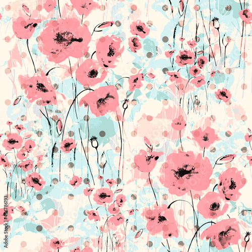 Abstract floral seamless pattern painted by brush field poppies. retro print. 