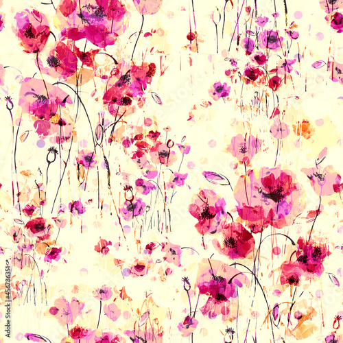  Abstract floral seamless pattern painted by brush field poppies. retro print. 