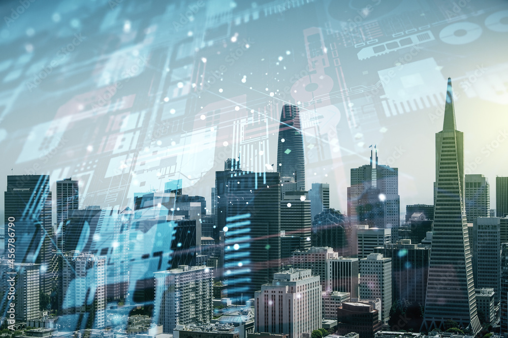 Obraz premium Abstract virtual coding concept on San Francisco skyline background. Multiexposure