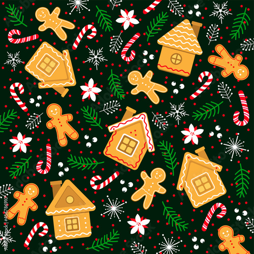 Christmas decorative holiday background with gingerbread and Christmas decorations