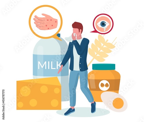 Food allergy. Man suffering from hives, itching red rash, eczema, watery eyes, vector illustration. Lactose intolerance.