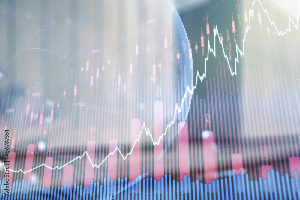 Abstract creative financial graph interface and world map on blurry modern office building background, forex and investment concept. Multiexposure Abstract creative financial graph interface and world map on blurry modern office building background, forex and investment concept. Multiexposure