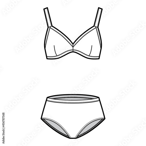 Set of lingerie - soft cup bra and classic briefs panties technical fashion illustration. Flat brassiere knickers template front white color style. Women men unisex underwear CAD mockup