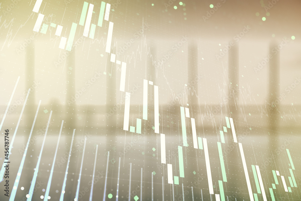 Multi exposure of abstract virtual financial graph hologram on empty corporate office background, forex and investment concept Multi exposure of abstract virtual financial graph hologram on empty corporate office background, forex and investment concept