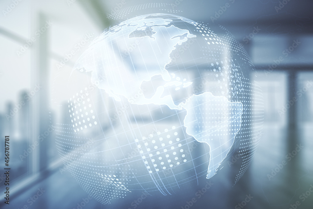 Obraz premium Double exposure of graphic America map hologram on empty room interior background, big data and digital technology concept