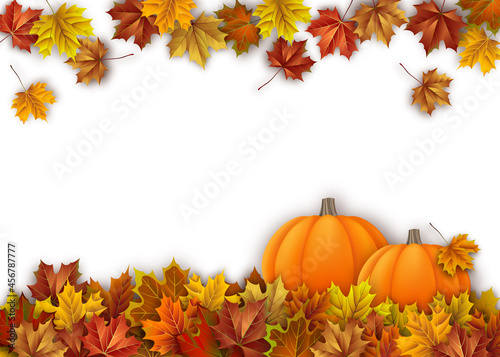 Autumn Pumpkins with Colorful Fall Maple Leaves. Seasonal Vector Illustration