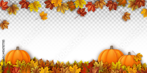 Autumn Composition with Pumpkins and Colorful Fall Maple Leaves on Transparent Background. Seasonal Vector Illustration 