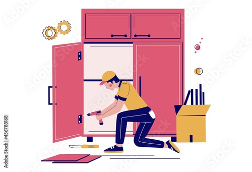 Furniture assembly. Handyman, carpenter, furniture installer assembling wardrobe using hand drill, vector illustration.