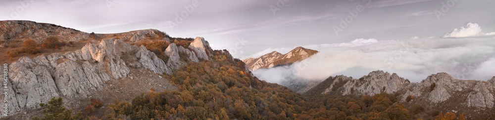 Autumn panorama of Small Gates (Malye Vorota) mountain pass and Karabi yayla, Crimea
