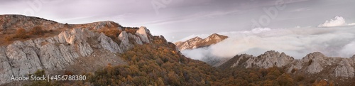 Autumn panorama of Small Gates  Malye Vorota  mountain pass and Karabi yayla  Crimea