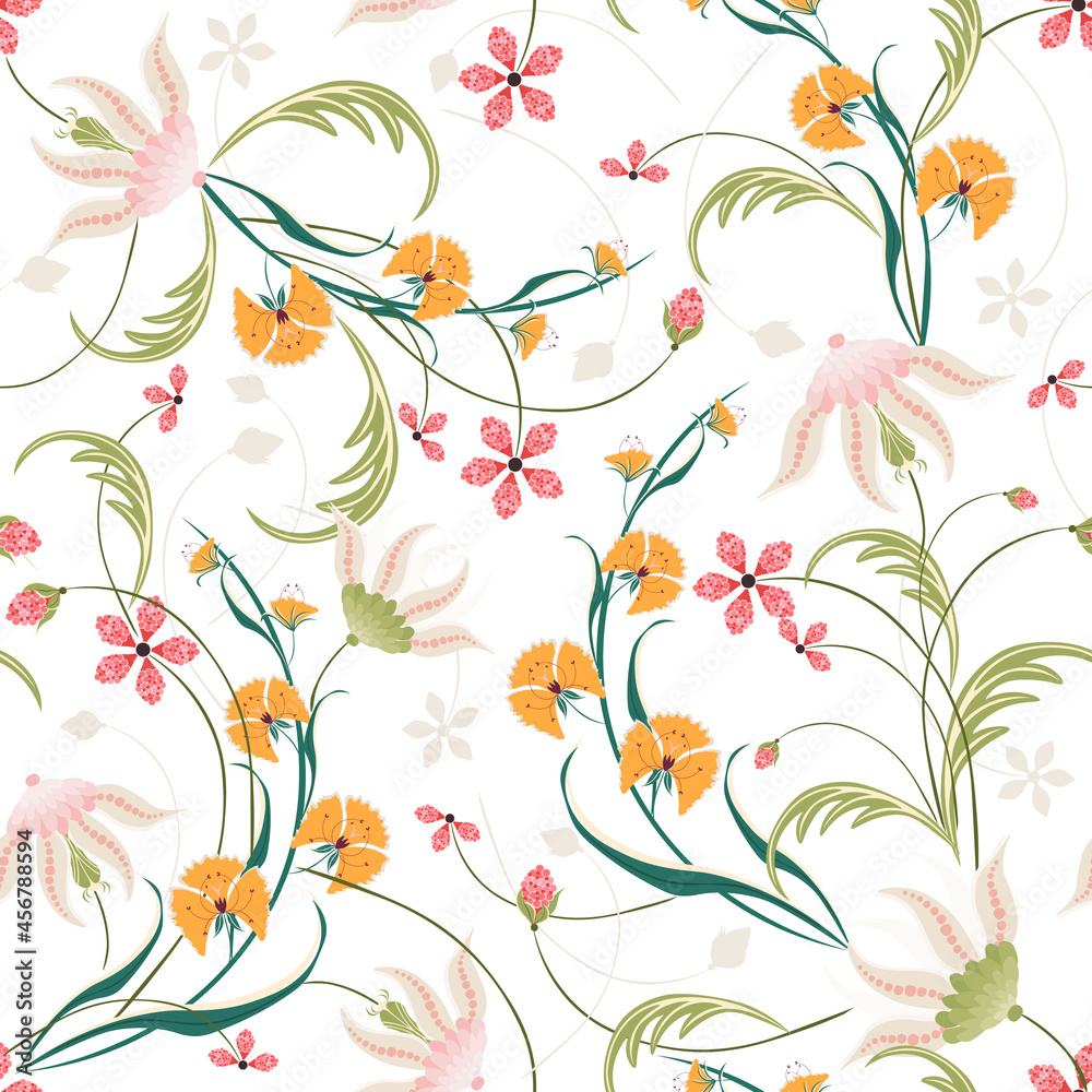 Elegant template for fashion prints. Romantic gentle pink and orange wildflowers with foliage pattern on a white background. Repeating design for wallpaper, packaging, cover, textile, print Elegant template for fashion prints. Romantic gentle pink and orange wildflowers with foliage pattern on a white background. Repeating design for wallpaper, packaging, cover, textile, print