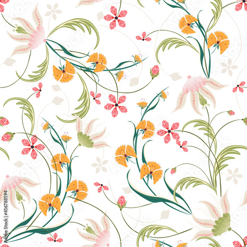 Elegant template for fashion prints. Romantic gentle pink and orange wildflowers with foliage pattern on a white background. Repeating design for wallpaper  packaging  cover  textile  print