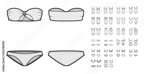 Set of swimsuit lingerie technical fashion illustration with one piece or separate bras and panties. Flat brassiere template front, back, grey color style. Women, men, unisex underwear CAD mockup