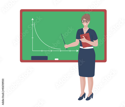 Woman with pointer next to board. School teacher character. Isolated on white background vector illustration.