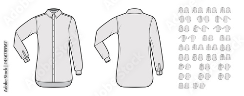 Set of classic Shirts technical fashion illustration with long sleeves with cuff, pockets, button closure. Flat apparel top outwear template front, back, grey color. Women, men, unisex CAD mockup photo