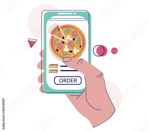 Hand holding smartphone with pizza on screen, vector illustration. Online pizza order and delivery.