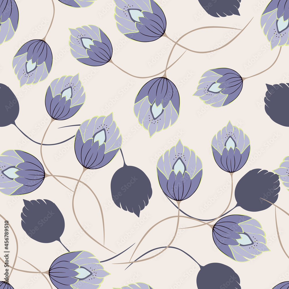 Stylish floral template. Simple vector texture with small hand drawn blue flowers on a beige background. Modern painting in doodle style. Repeated design