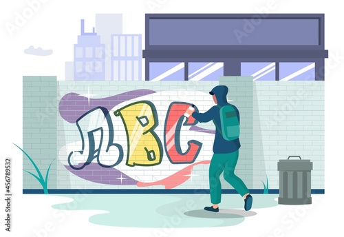Graffiti art artist teenager wearing hoodie painting wall with paint spray, vector illustration. Street art concept.