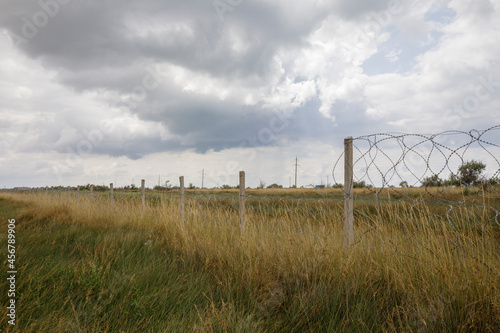 Meadow with tall grass during cloudy weather. Barbed wire fencing.