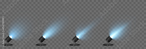 Vector set of light. Light source, studio lighting, walls, png. Blue light. Spot lighting, spotlight PNG. Rays, light effect.