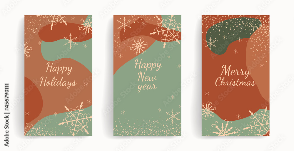Naklejka premium Modern universal art templates. Merry Christmas and Happy New Year corporate holiday cards and invitations. Abstract design frames, and backgrounds with copy space for text. Vector illustration