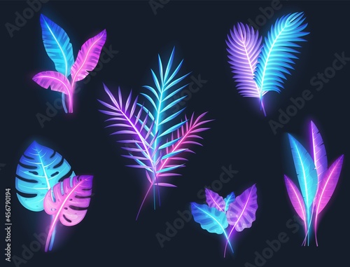 Neon tropical banana  monstera plants  exotic palm tree leaves set  vector isolated illustration. Summer beach vacation.