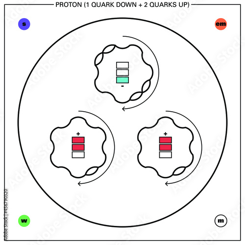 Conceptual vector illustration of a fermion hadron baryon, the proton - made up of two quarks up and one quark down - and some of its proprieties: mass, charge, flavour, spin and interaction forces.