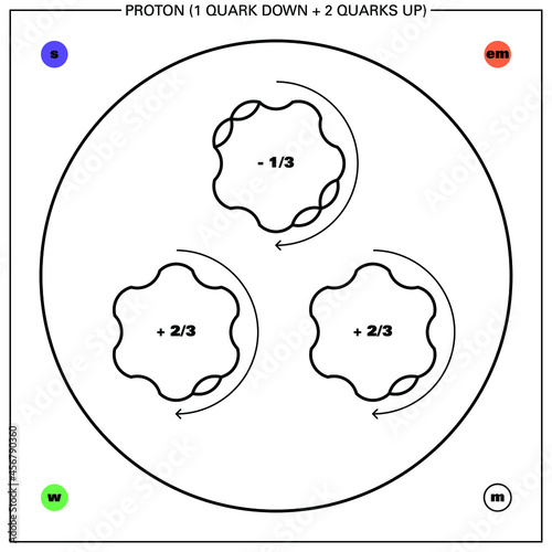 Conceptual vector illustration of a fermion hadron baryon, the proton - made up of two quarks up and one quark down - and some of its proprieties: mass, charge, flavour, spin and interaction forces.