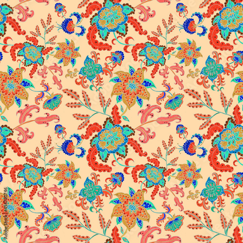Watercolor seamless pattern with flowers and leaves in ethnic style. Floral decoration. Traditional paisley pattern. Textile design texture.Tribal ethnic vintage seamless pattern. 